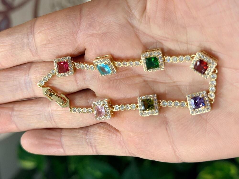 Gold Tone Multicolor, Cubic Zirconia, Tennis Bracelet Rainbow Station